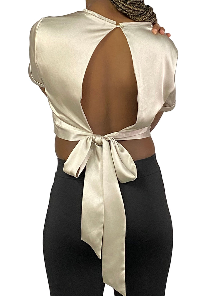 Giana Cropped Satin Shirt - Beige