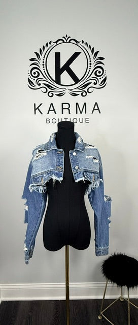 Torn Up Cropped Denim Jacket - Medium Wash
