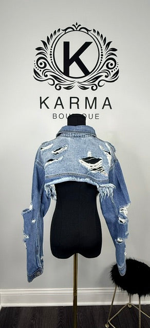 Torn Up Cropped Denim Jacket - Medium Wash