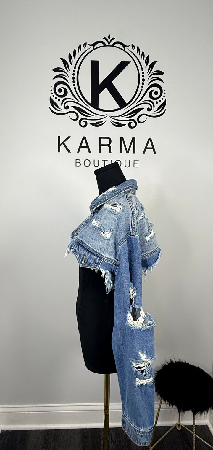 Torn Up Cropped Denim Jacket - Medium Wash