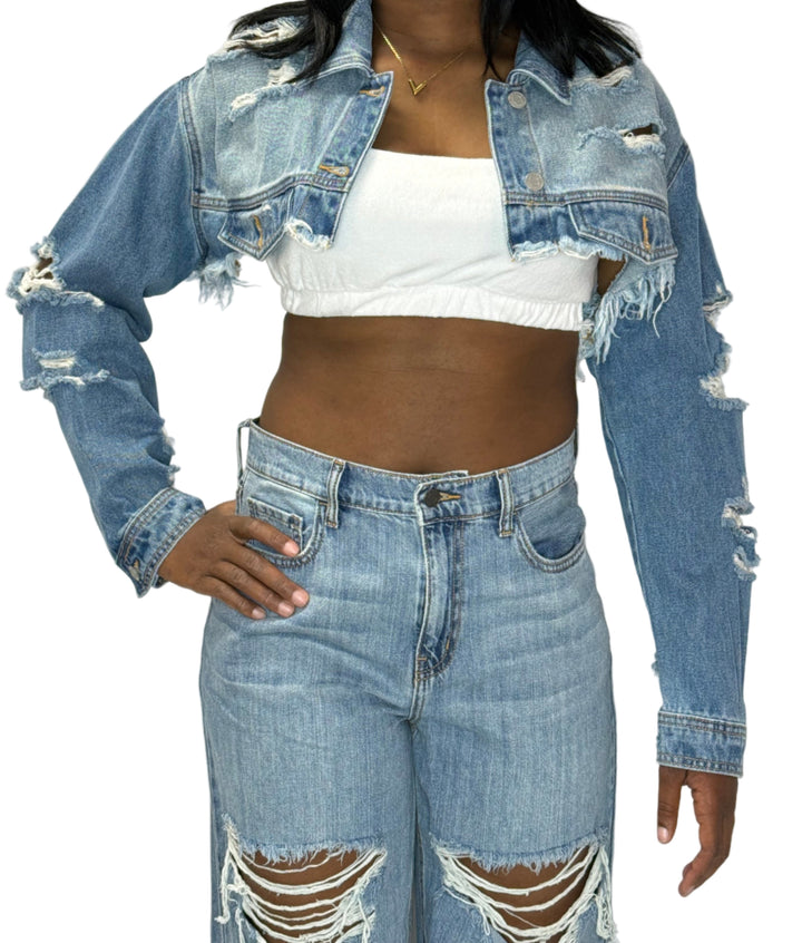 Torn Up Cropped Denim Jacket - Medium Wash