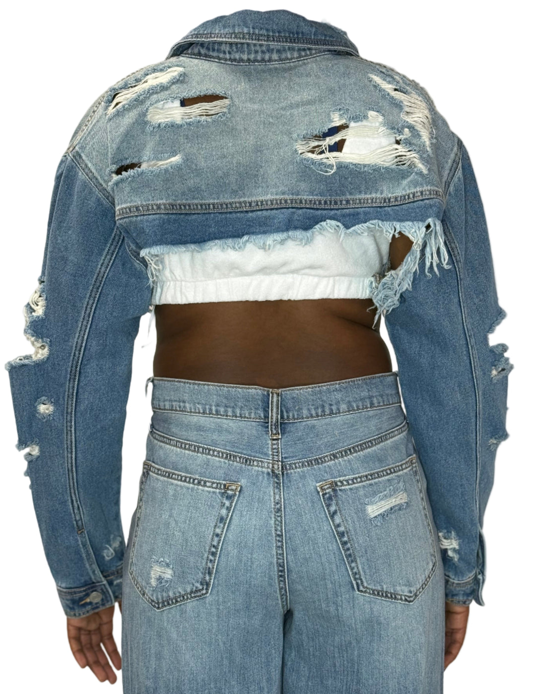 Torn Up Cropped Denim Jacket - Medium Wash