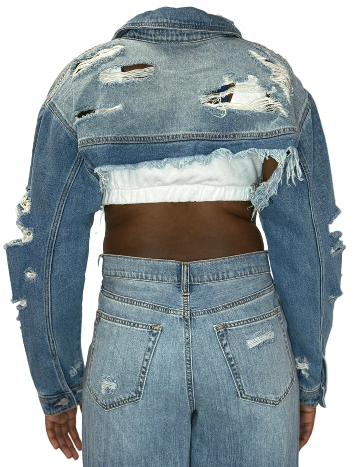 Torn Up Cropped Denim Jacket - Medium Wash