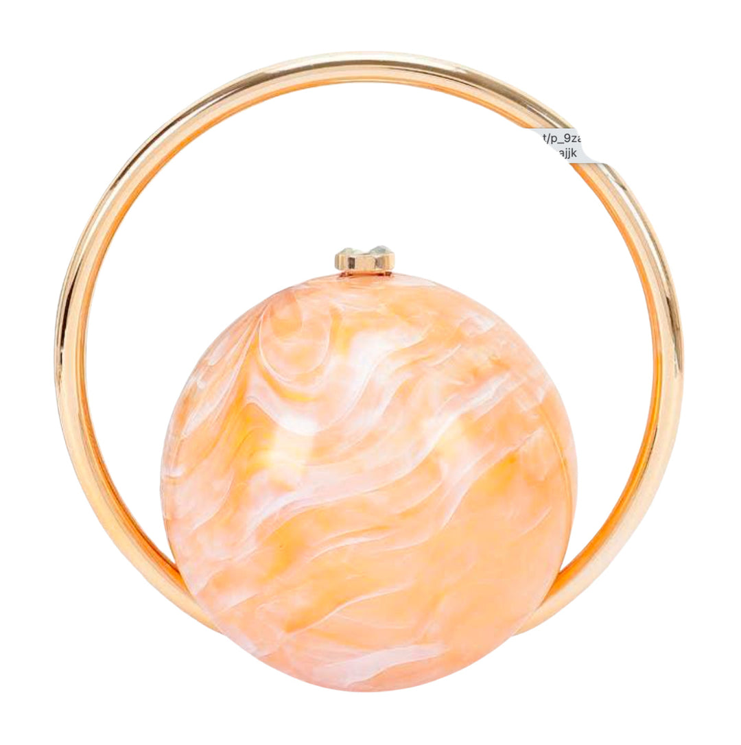 A gold-tone oval hoop bag with a large, round peach and white marbled shell inlay, shown on a solid white background.