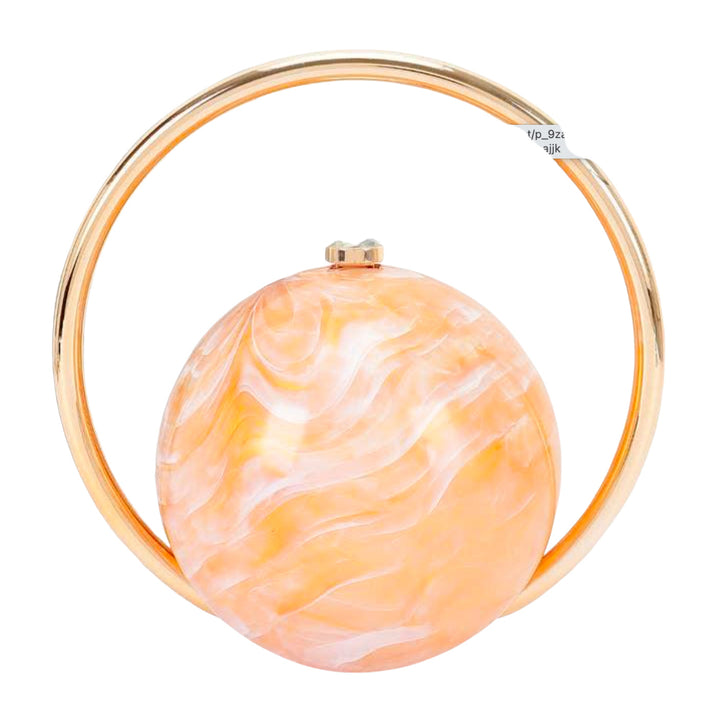 A gold-tone oval hoop bag with a large, round peach and white marbled shell inlay, shown on a solid white background.